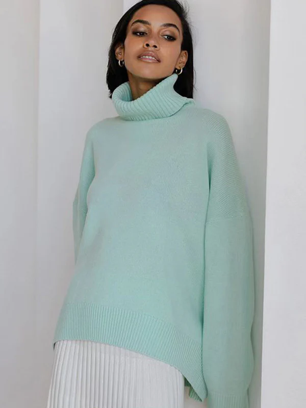 Casual Long Sleeves Loose Solid Color High-Neck Sweater Tops - Image 8