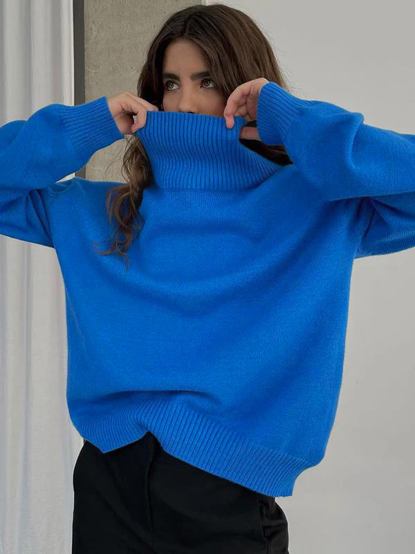 Casual Long Sleeves Loose Solid Color High-Neck Sweater Tops - Image 9