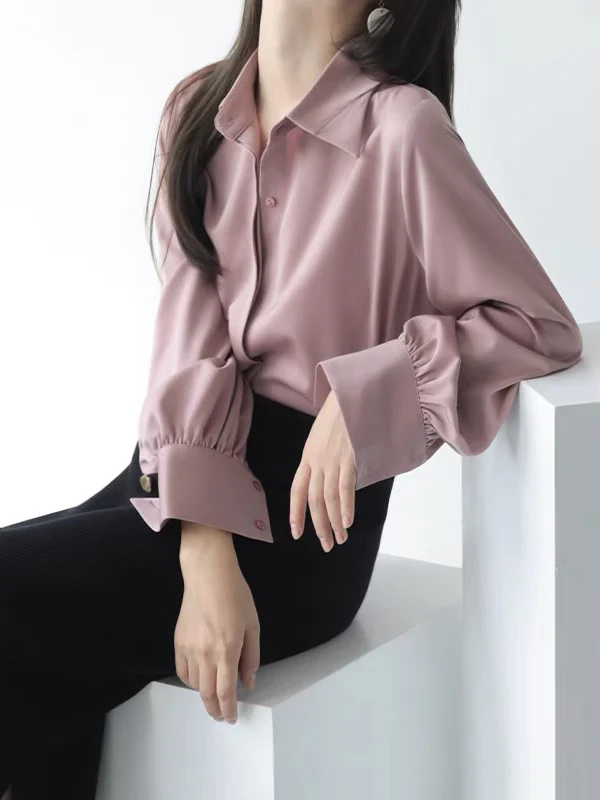Casual Long Sleeves Loose Solid Color Lapel Collar Blouses&Shirts Tops - Image 2
