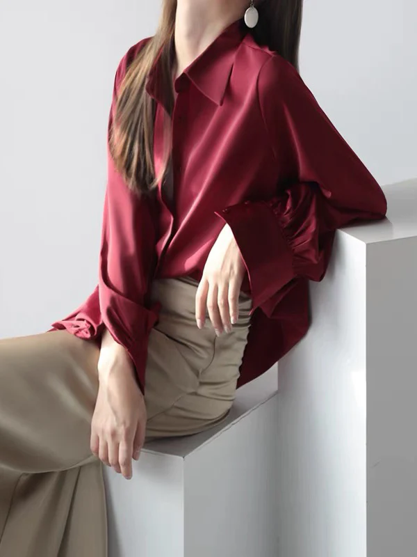 Casual Long Sleeves Loose Solid Color Lapel Collar Blouses&Shirts Tops - Image 3