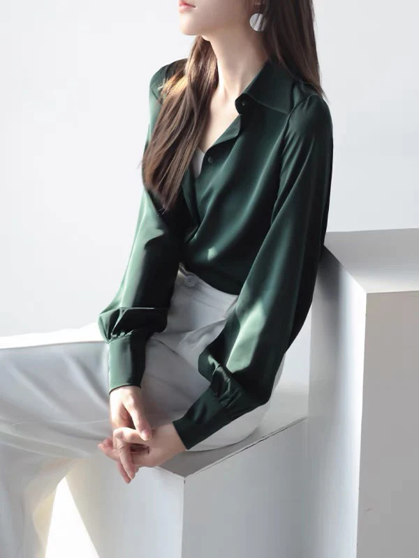Casual Long Sleeves Loose Solid Color Lapel Collar Blouses&Shirts Tops - Image 4