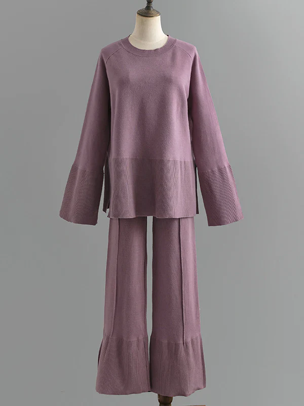 Casual Long Sleeves Loose Solid Color Round-Neck Sweater Tops & Wide Leg Pants Two Pieces Set - Image 10