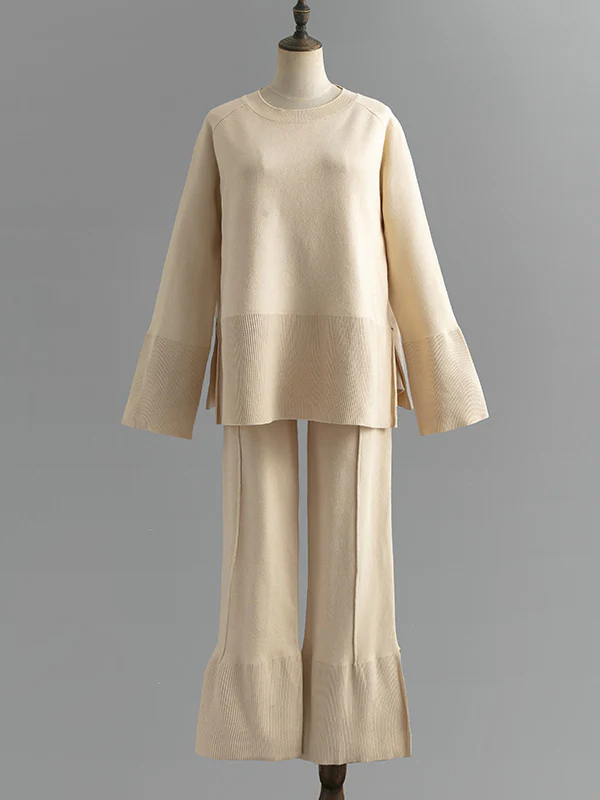 Casual Long Sleeves Loose Solid Color Round-Neck Sweater Tops & Wide Leg Pants Two Pieces Set - Image 11