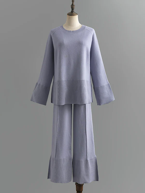 Casual Long Sleeves Loose Solid Color Round-Neck Sweater Tops & Wide Leg Pants Two Pieces Set - Image 12