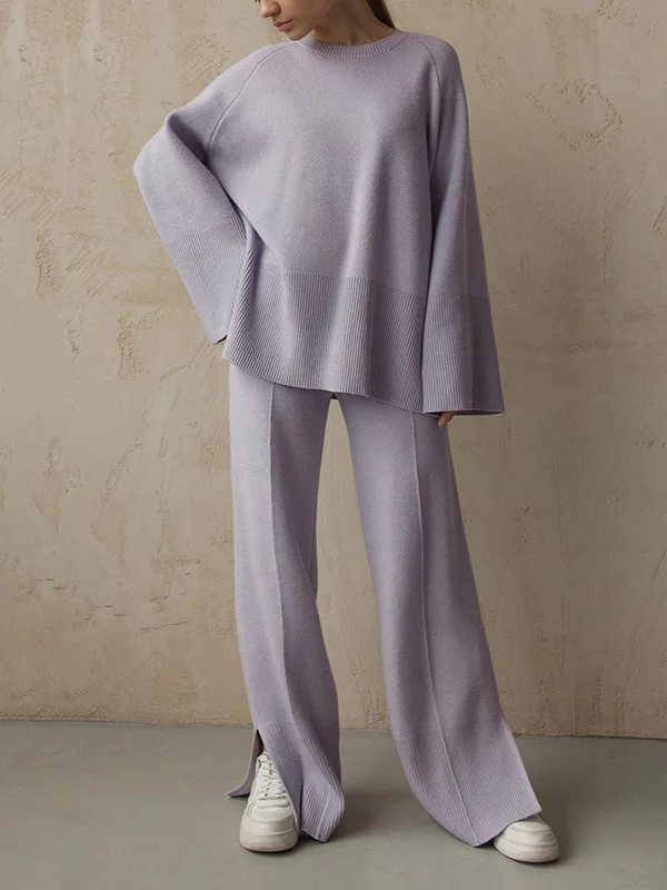 Casual Long Sleeves Loose Solid Color Round-Neck Sweater Tops & Wide Leg Pants Two Pieces Set - Image 13