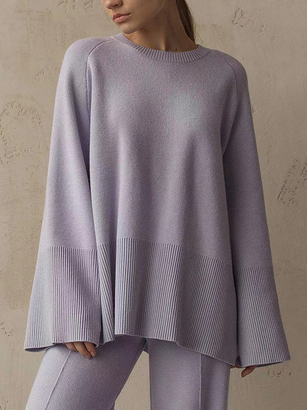 Casual Long Sleeves Loose Solid Color Round-Neck Sweater Tops & Wide Leg Pants Two Pieces Set - Image 14