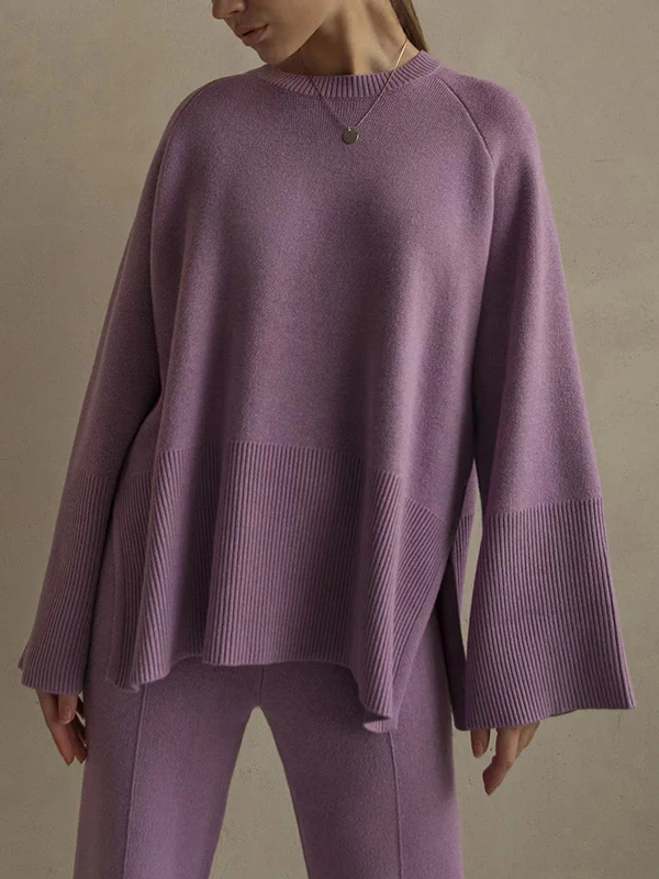 Casual Long Sleeves Loose Solid Color Round-Neck Sweater Tops & Wide Leg Pants Two Pieces Set - Image 15