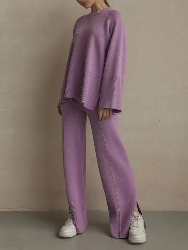 Casual Long Sleeves Loose Solid Color Round-Neck Sweater Tops & Wide Leg Pants Two Pieces Set - Image 17
