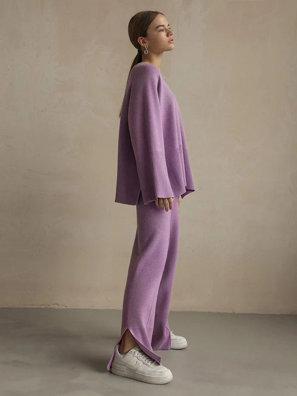 Casual Long Sleeves Loose Solid Color Round-Neck Sweater Tops & Wide Leg Pants Two Pieces Set - Image 18