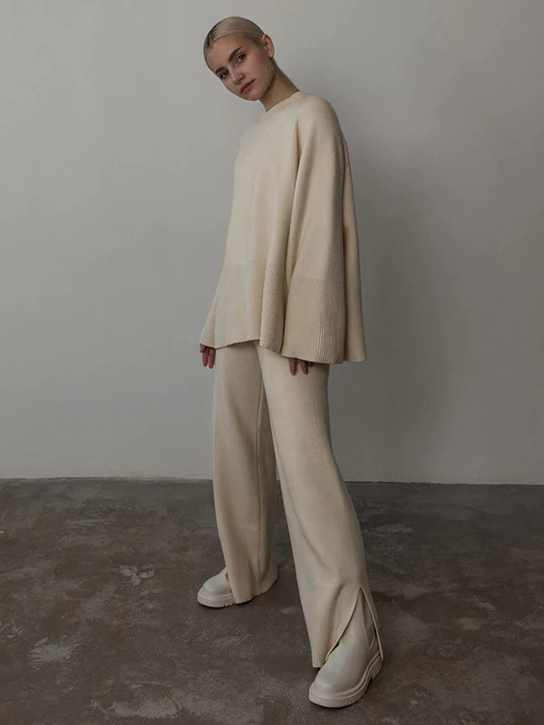 Casual Long Sleeves Loose Solid Color Round-Neck Sweater Tops & Wide Leg Pants Two Pieces Set - Image 19