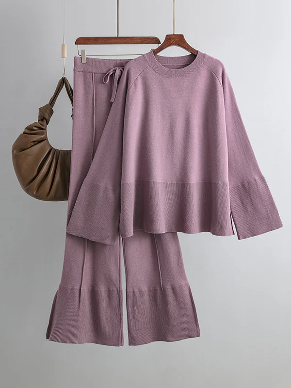 Casual Long Sleeves Loose Solid Color Round-Neck Sweater Tops & Wide Leg Pants Two Pieces Set - Image 2