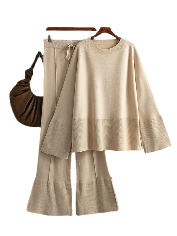 Casual Long Sleeves Loose Solid Color Round-Neck Sweater Tops & Wide Leg Pants Two Pieces Set - Image 23