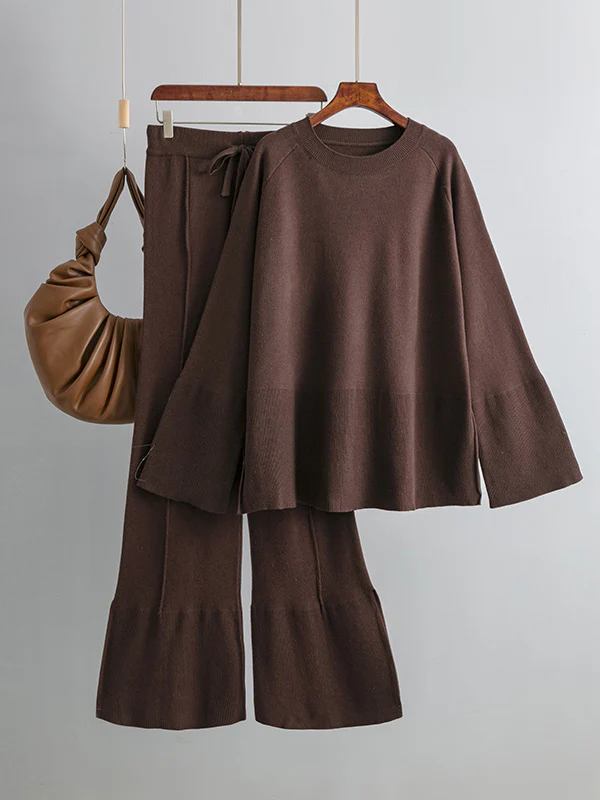 Casual Long Sleeves Loose Solid Color Round-Neck Sweater Tops & Wide Leg Pants Two Pieces Set - Image 3
