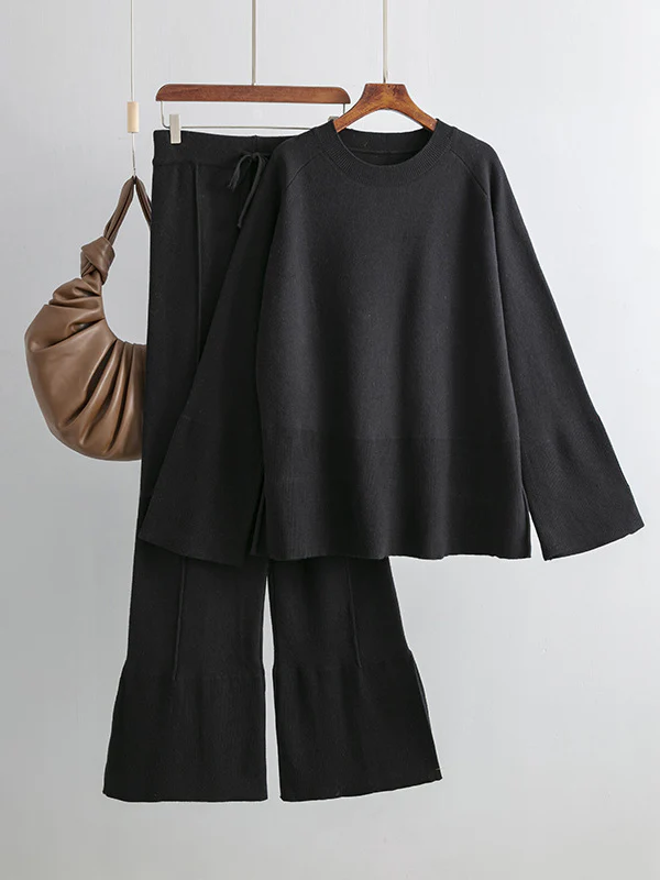 Casual Long Sleeves Loose Solid Color Round-Neck Sweater Tops & Wide Leg Pants Two Pieces Set - Image 4
