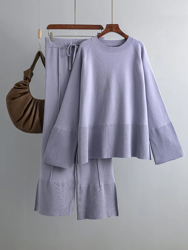 Casual Long Sleeves Loose Solid Color Round-Neck Sweater Tops & Wide Leg Pants Two Pieces Set - Image 5