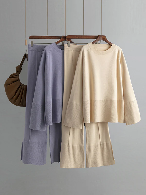 Casual Long Sleeves Loose Solid Color Round-Neck Sweater Tops & Wide Leg Pants Two Pieces Set - Image 6