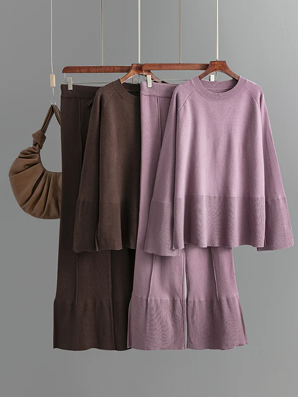 Casual Long Sleeves Loose Solid Color Round-Neck Sweater Tops & Wide Leg Pants Two Pieces Set - Image 7
