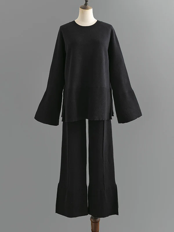 Casual Long Sleeves Loose Solid Color Round-Neck Sweater Tops & Wide Leg Pants Two Pieces Set - Image 8