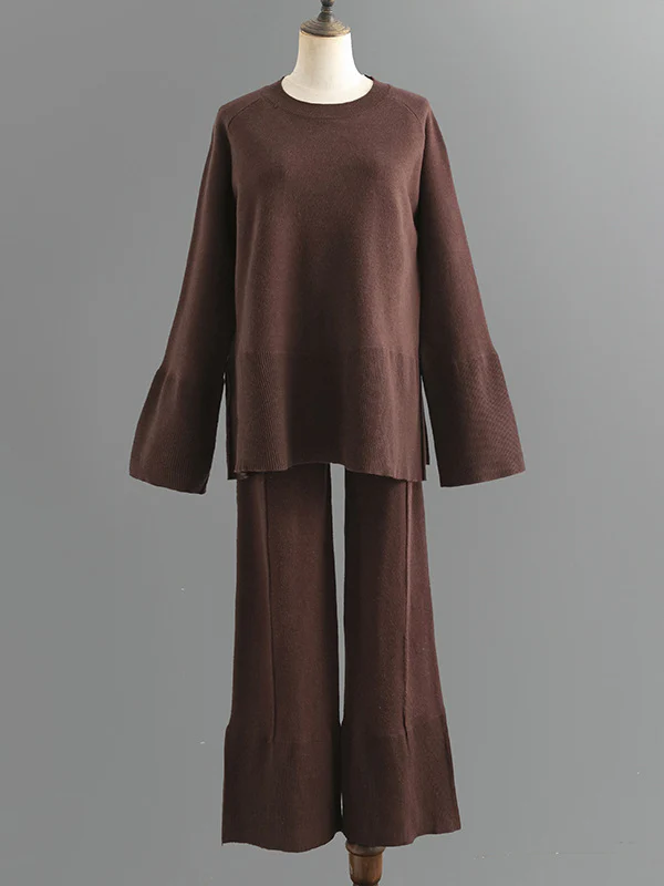 Casual Long Sleeves Loose Solid Color Round-Neck Sweater Tops & Wide Leg Pants Two Pieces Set - Image 9