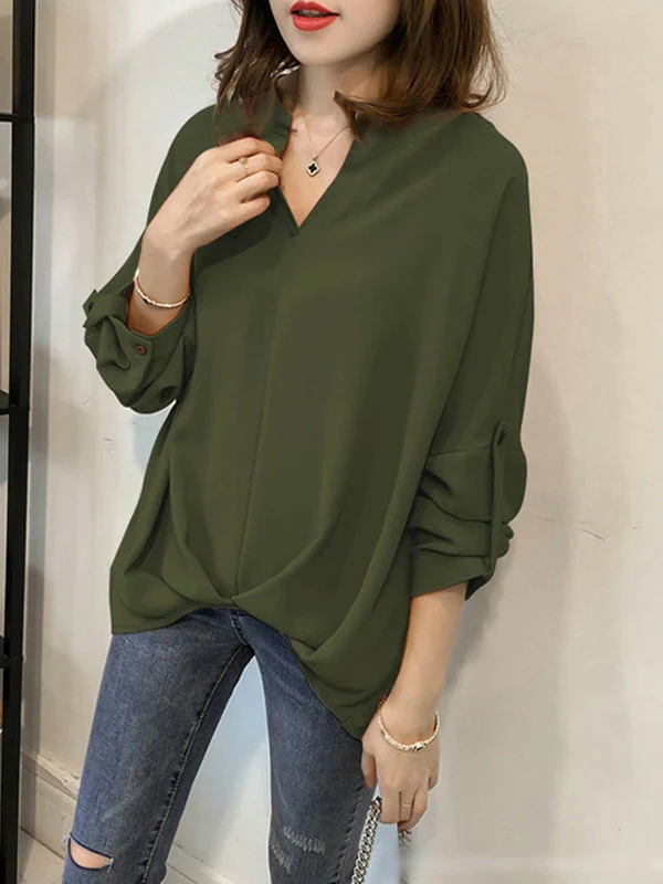 Casual Long Sleeves Loose Solid Color V-Neck Blouses&Shirts Tops - Image 10
