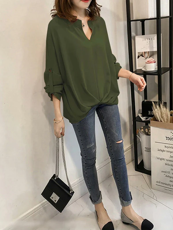 Casual Long Sleeves Loose Solid Color V-Neck Blouses&Shirts Tops - Image 12