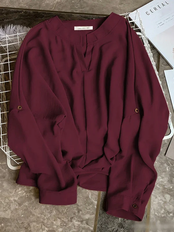 Casual Long Sleeves Loose Solid Color V-Neck Blouses&Shirts Tops - Image 14