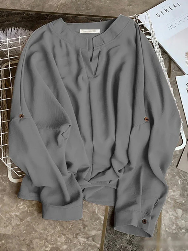 Casual Long Sleeves Loose Solid Color V-Neck Blouses&Shirts Tops - Image 15