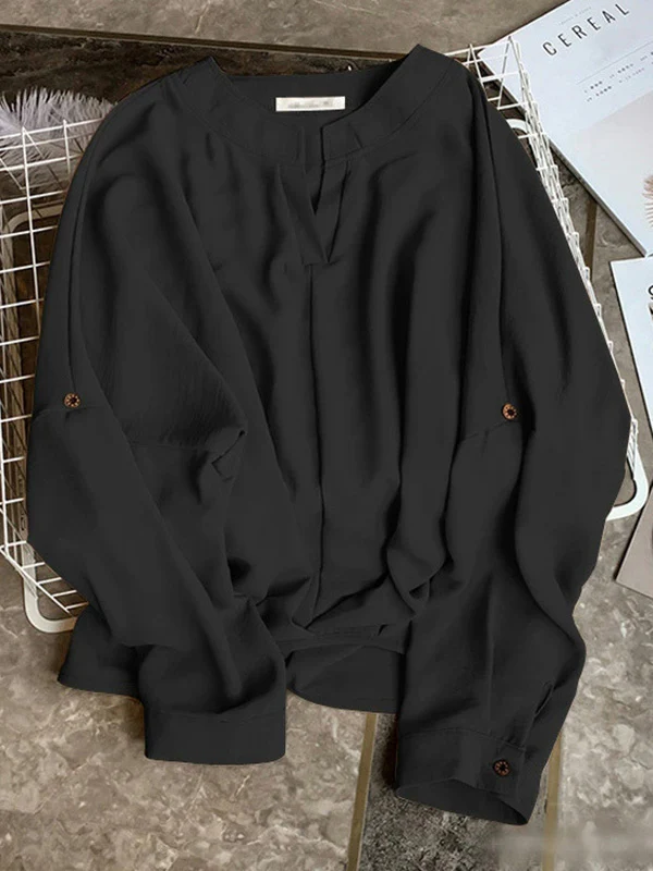 Casual Long Sleeves Loose Solid Color V-Neck Blouses&Shirts Tops - Image 16