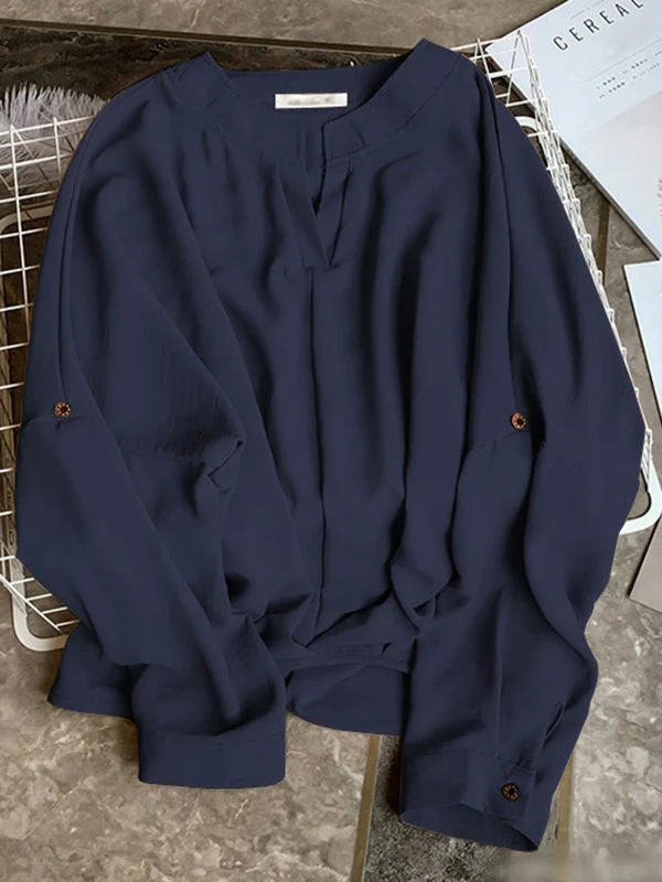Casual Long Sleeves Loose Solid Color V-Neck Blouses&Shirts Tops - Image 18