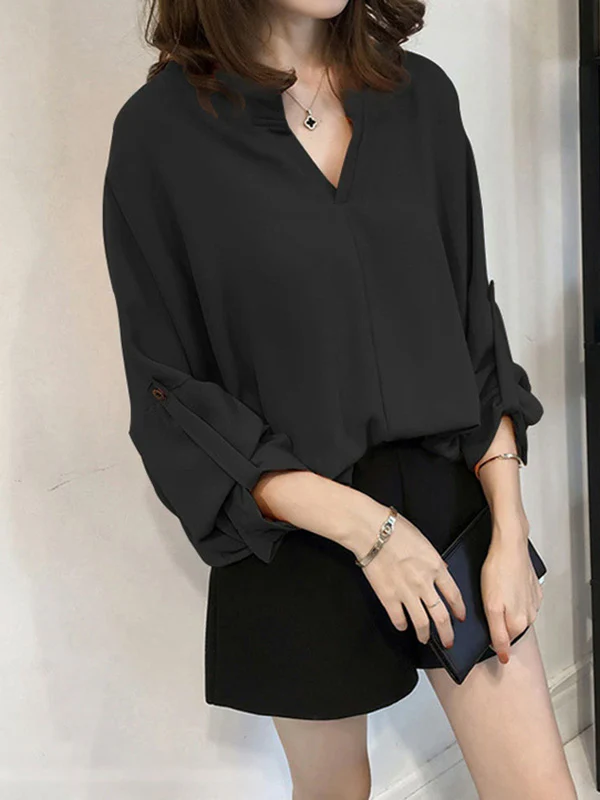 Casual Long Sleeves Loose Solid Color V-Neck Blouses&Shirts Tops - Image 2