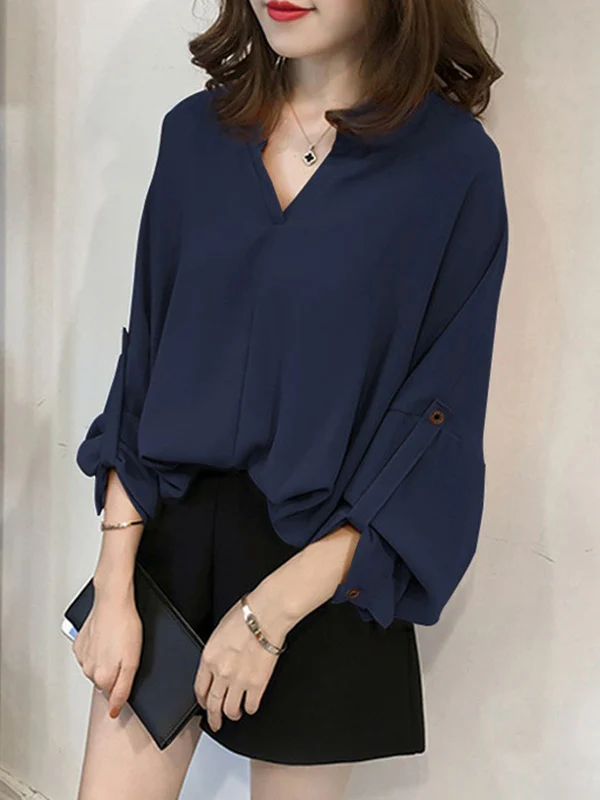 Casual Long Sleeves Loose Solid Color V-Neck Blouses&Shirts Tops - Image 3