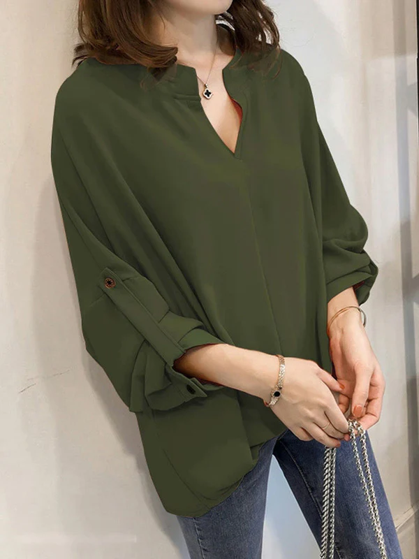 Casual Long Sleeves Loose Solid Color V-Neck Blouses&Shirts Tops - Image 4