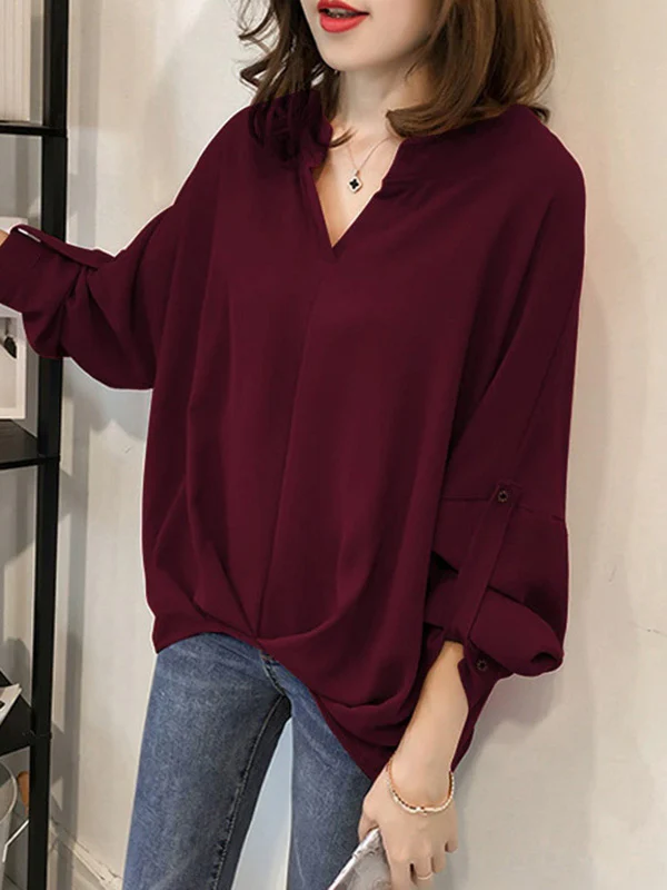 Casual Long Sleeves Loose Solid Color V-Neck Blouses&Shirts Tops - Image 5