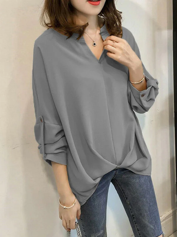 Casual Long Sleeves Loose Solid Color V-Neck Blouses&Shirts Tops - Image 6