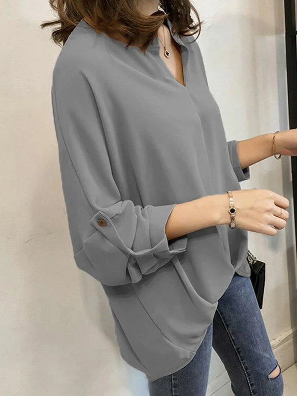 Casual Long Sleeves Loose Solid Color V-Neck Blouses&Shirts Tops - Image 7