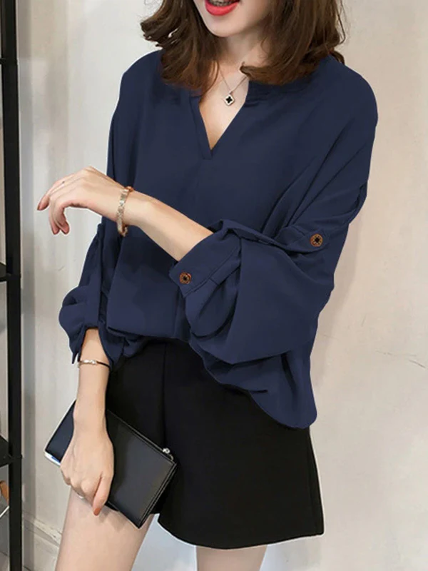 Casual Long Sleeves Loose Solid Color V-Neck Blouses&Shirts Tops - Image 8