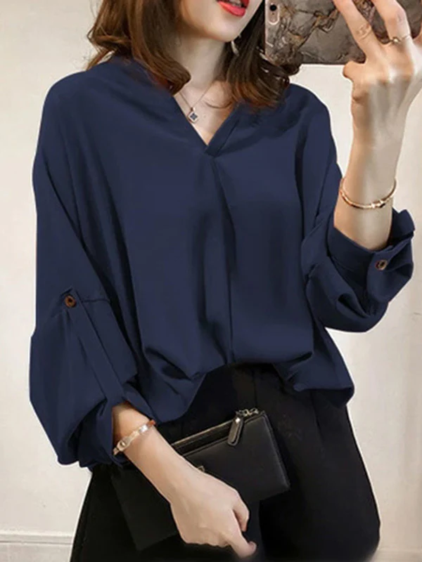 Casual Long Sleeves Loose Solid Color V-Neck Blouses&Shirts Tops - Image 9