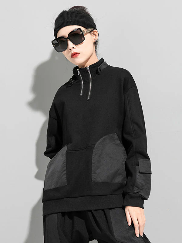 Casual Long Sleeves Loose Solid Color Zipper High-Neck Sweatshirt Tops - Image 2