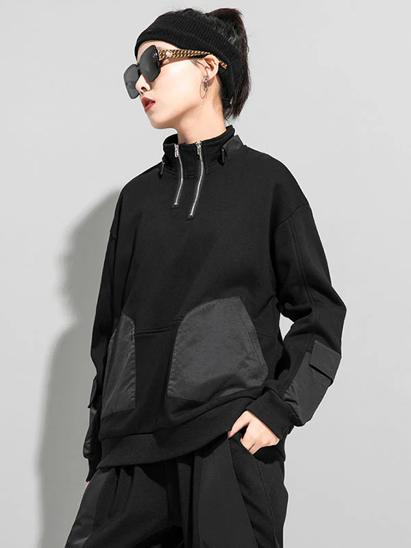 Casual Long Sleeves Loose Solid Color Zipper High-Neck Sweatshirt Tops - Image 3
