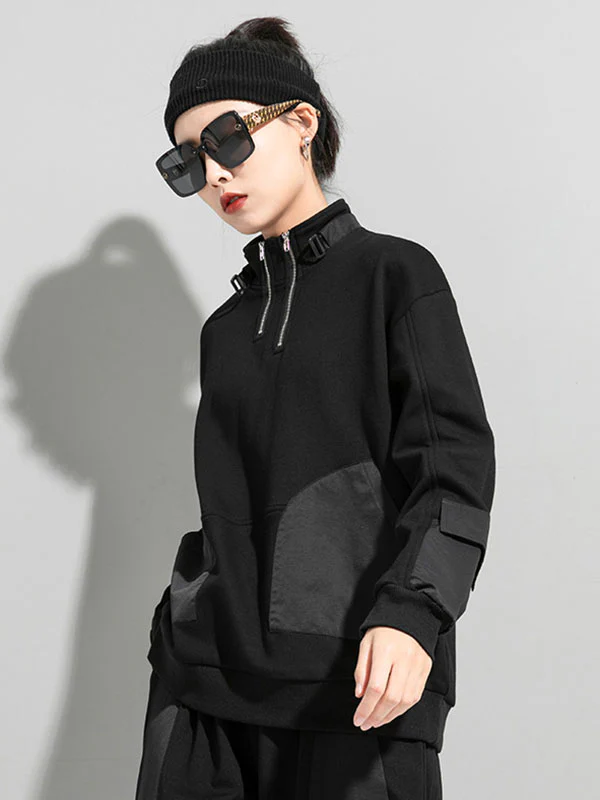 Casual Long Sleeves Loose Solid Color Zipper High-Neck Sweatshirt Tops - Image 4