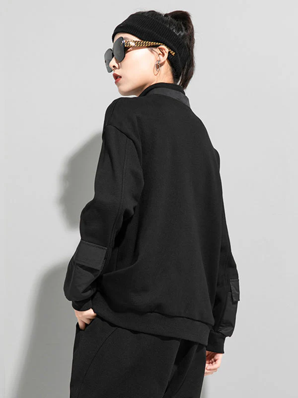 Casual Long Sleeves Loose Solid Color Zipper High-Neck Sweatshirt Tops - Image 5
