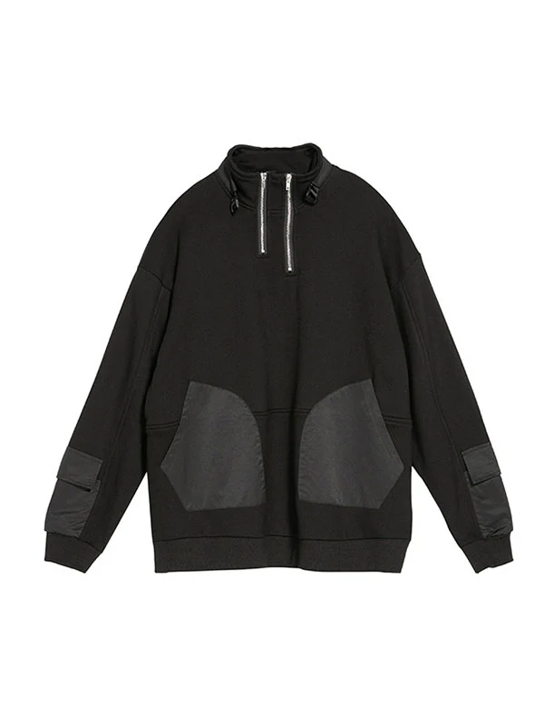 Casual Long Sleeves Loose Solid Color Zipper High-Neck Sweatshirt Tops - Image 9