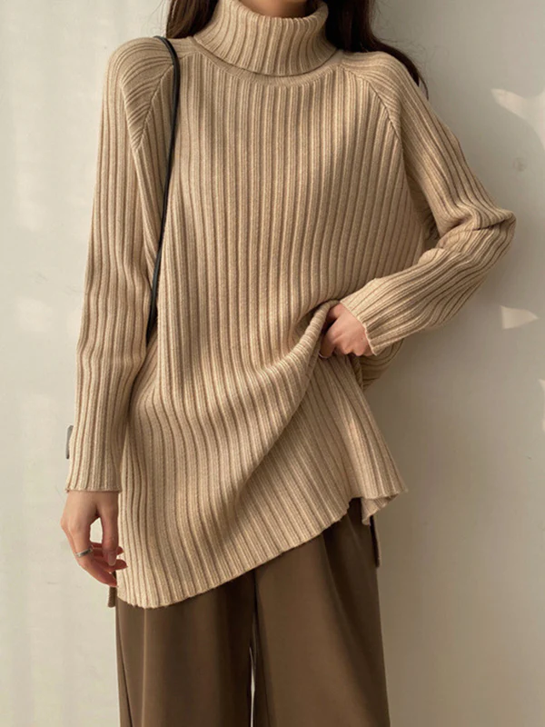 Casual Long Sleeves Loose Split-Side Solid Color High-Neck Sweater Tops - Image 10