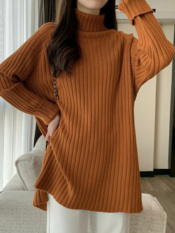 Casual Long Sleeves Loose Split-Side Solid Color High-Neck Sweater Tops - Image 11