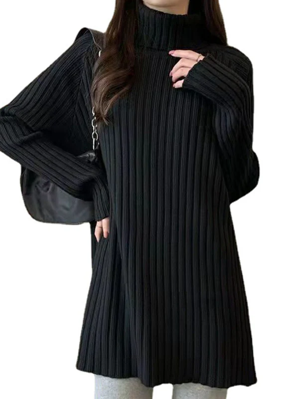 Casual Long Sleeves Loose Split-Side Solid Color High-Neck Sweater Tops - Image 12