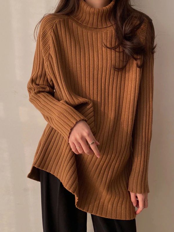 Casual Long Sleeves Loose Split-Side Solid Color High-Neck Sweater Tops - Image 2