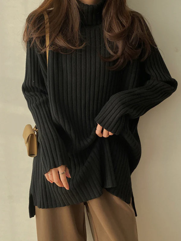 Casual Long Sleeves Loose Split-Side Solid Color High-Neck Sweater Tops - Image 3