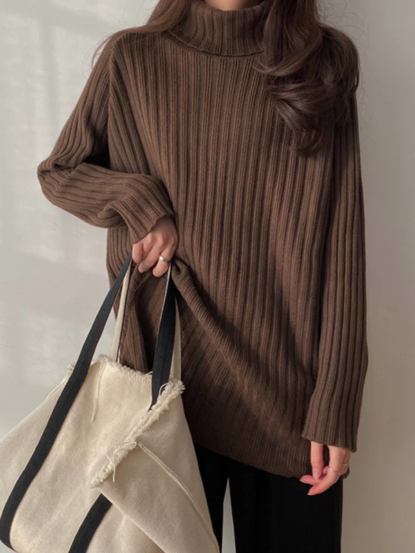 Casual Long Sleeves Loose Split-Side Solid Color High-Neck Sweater Tops - Image 4