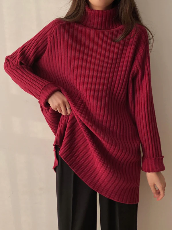 Casual Long Sleeves Loose Split-Side Solid Color High-Neck Sweater Tops - Image 5