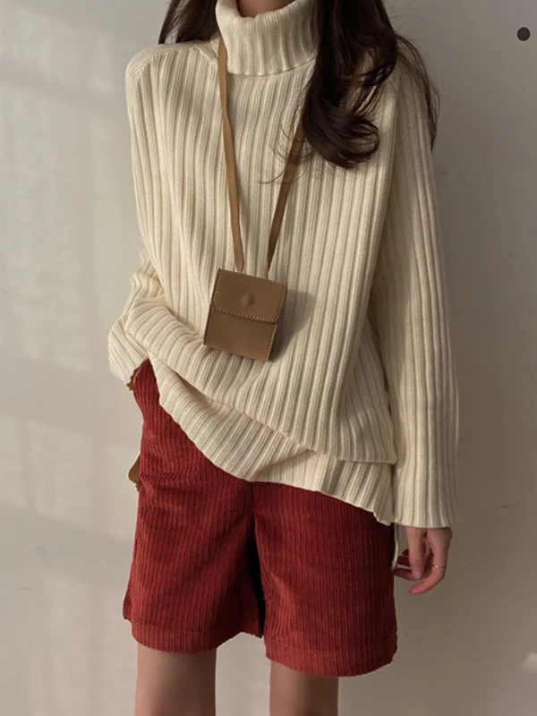 Casual Long Sleeves Loose Split-Side Solid Color High-Neck Sweater Tops - Image 6